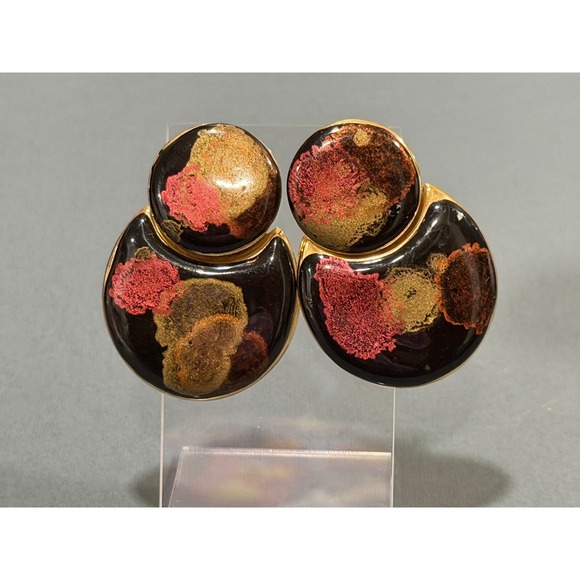 Vintage Enamel Articulated Drop Earrings Black Multi Color Gold Tone 80s Retro - Picture 4 of 6
